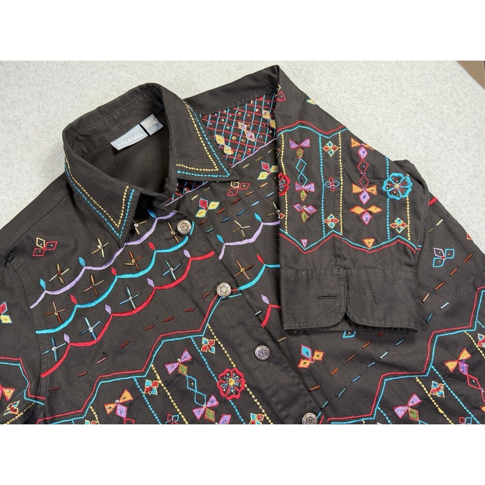 Liz & Me 1X Black Embroidered Beaded Cotton Button Front Artwear Jacket